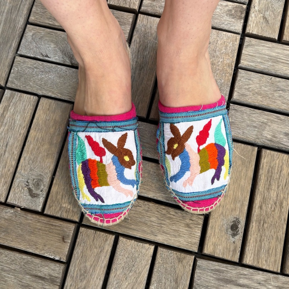 Traditional colorful Mexican embroidered espadrille slides.